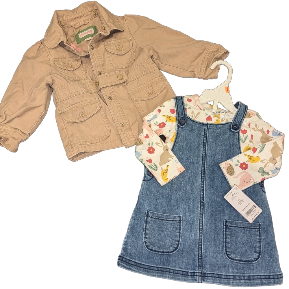 3 PC Lot of Sz 12 Months, Denim Overall Dress, Top, Khaki Jacket